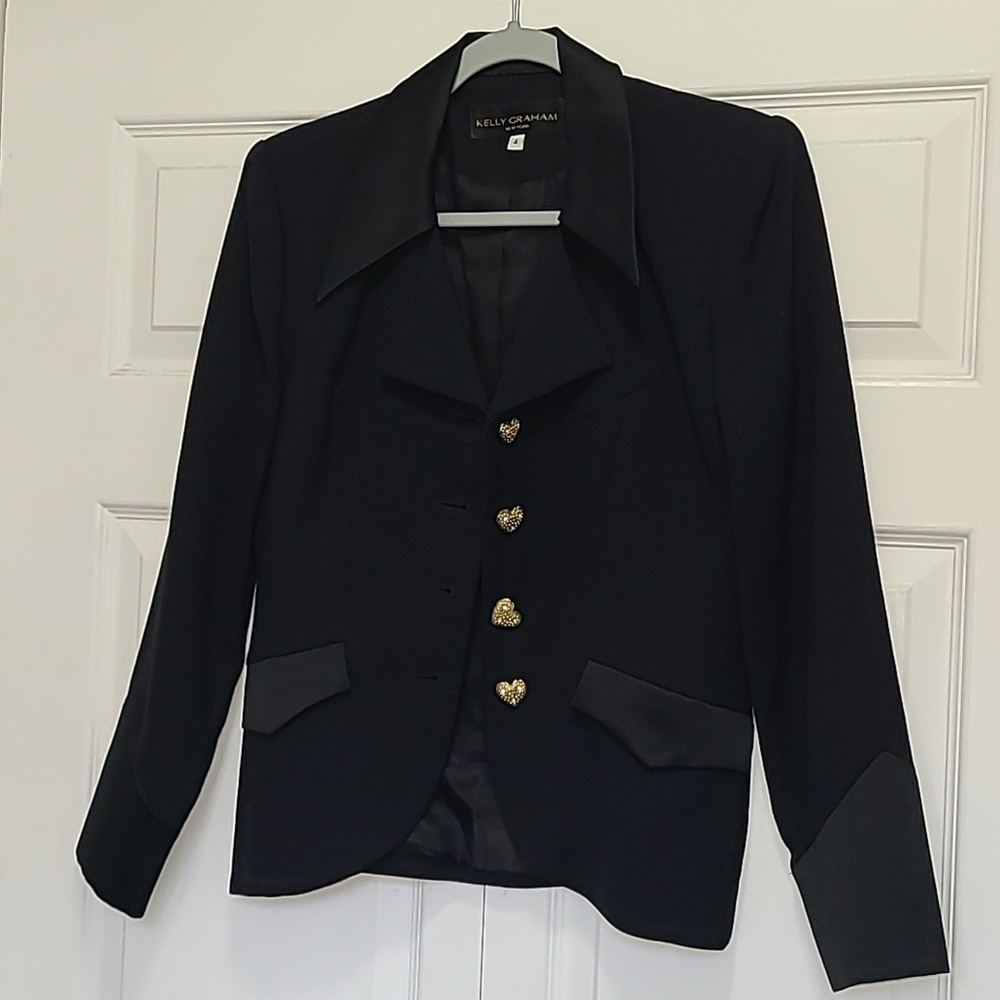 Kelly Graham New York Satin‎ Black Tuxedo Blazer Size 4 Gold Heart Bling Buttons - Picture 8 of 17